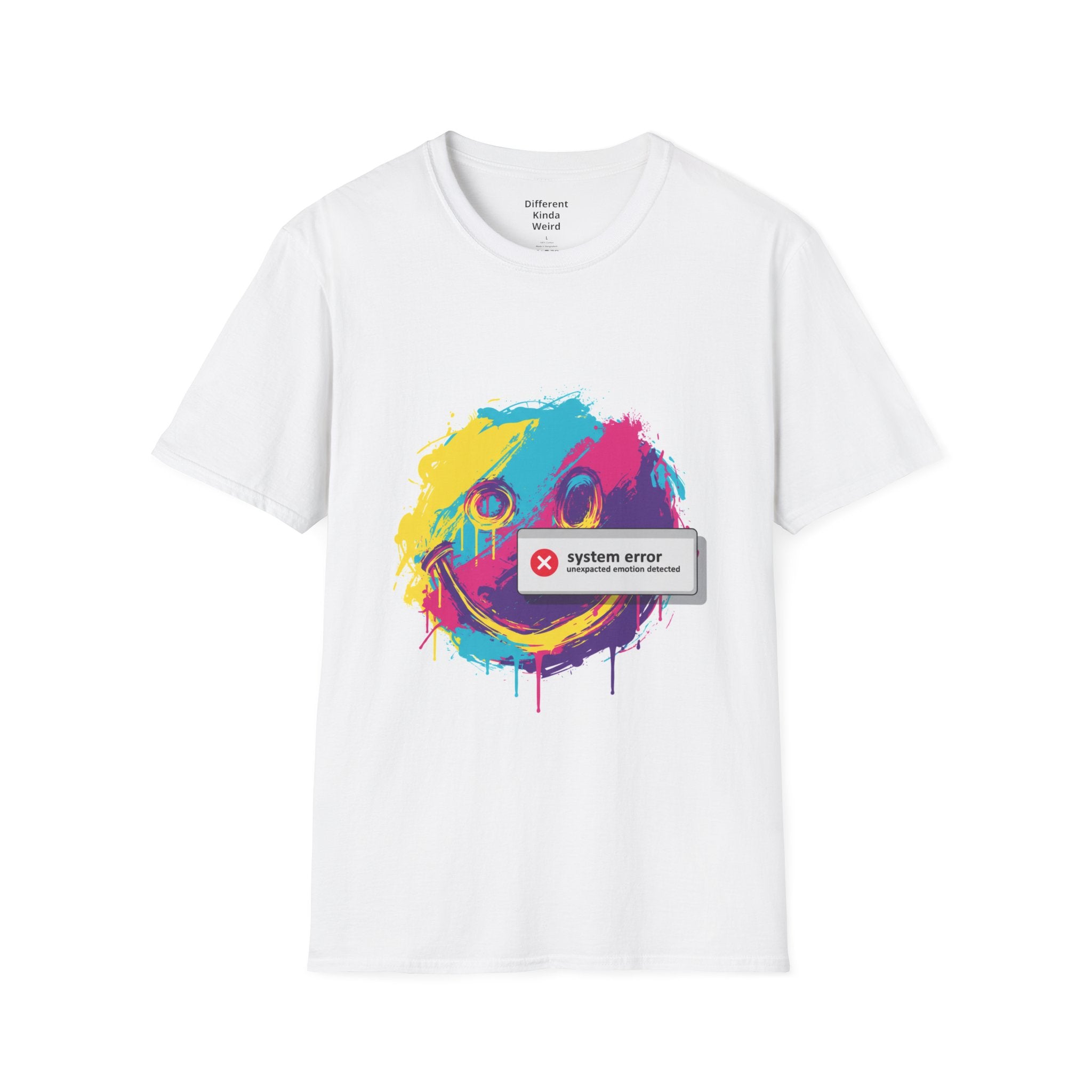 Graphic Tee — Colorful Drip Smiley with "System Error" Alert