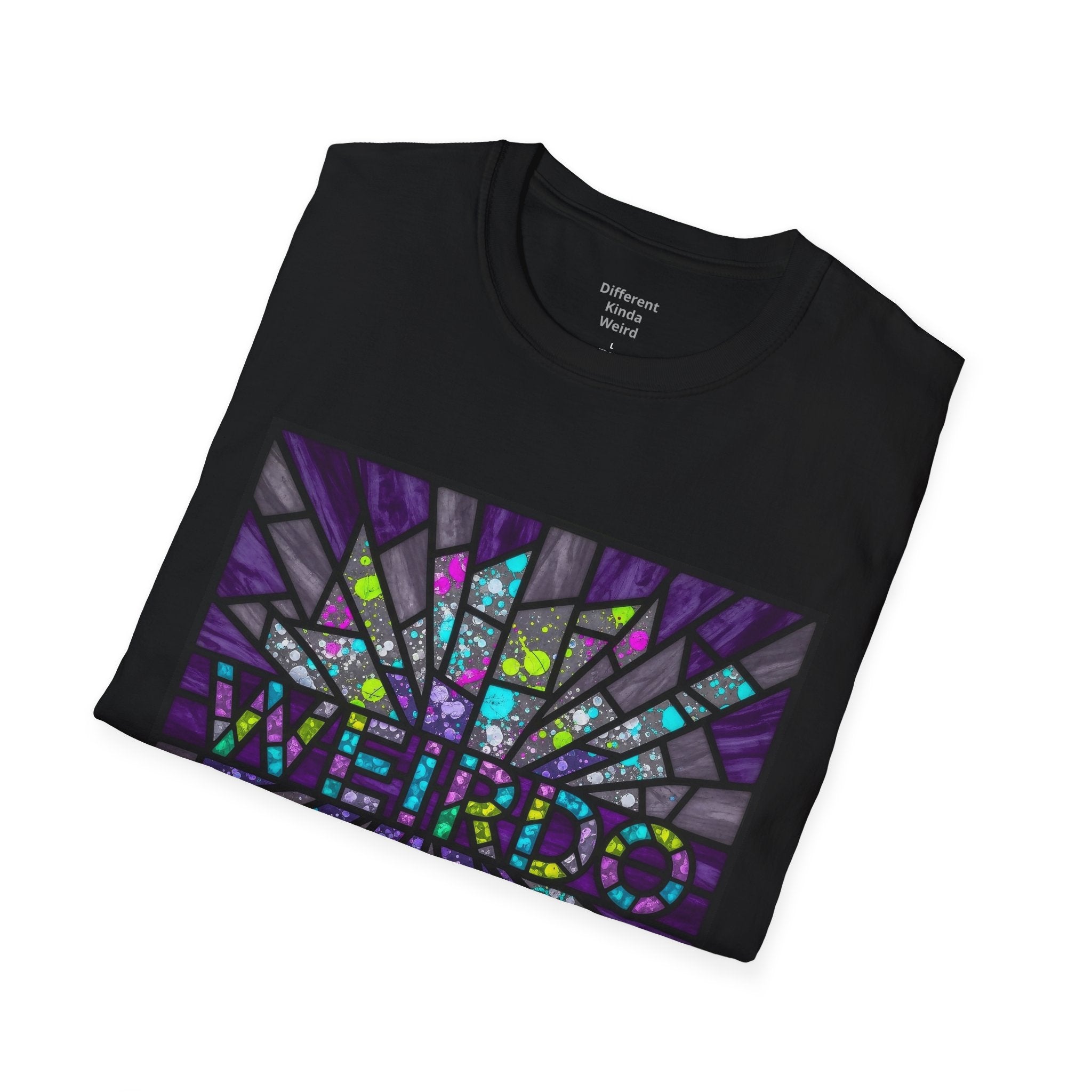 Weirdo Stained Glass T-Shirt — Colorful Mosaic 'WEIRDO' Graphic Tee