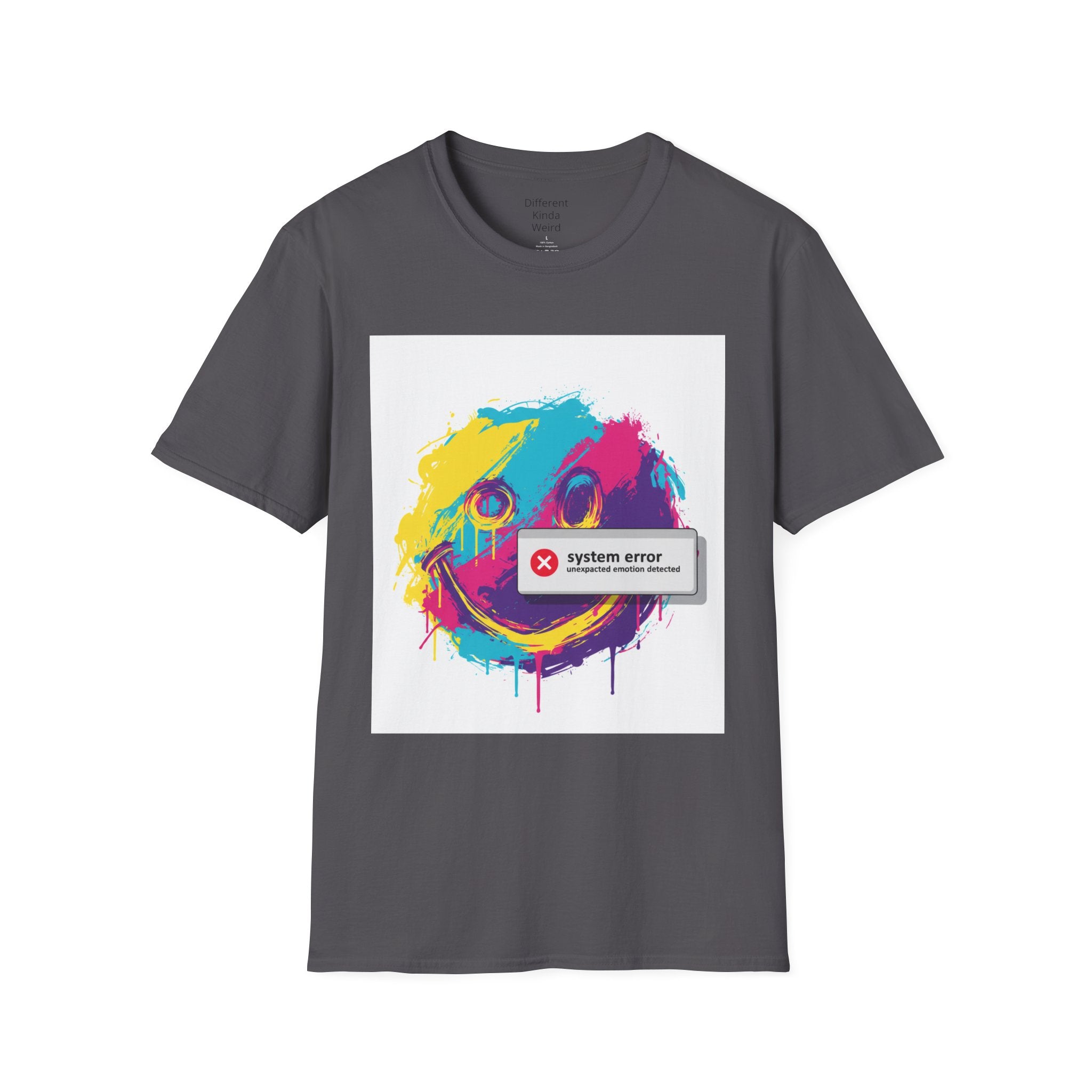 Graphic Tee — Colorful Drip Smiley with "System Error" Alert