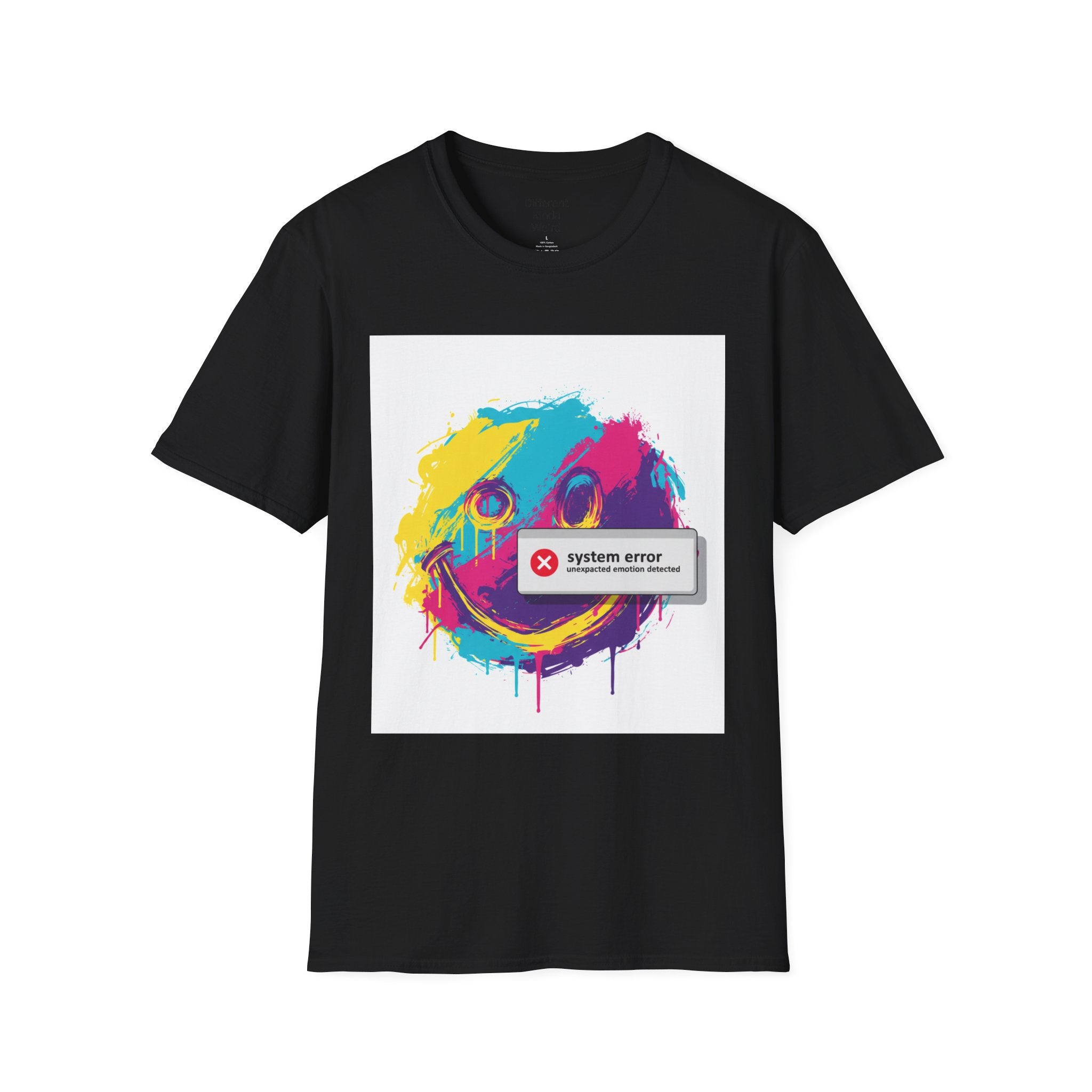 Graphic Tee — Colorful Drip Smiley with "System Error" Alert